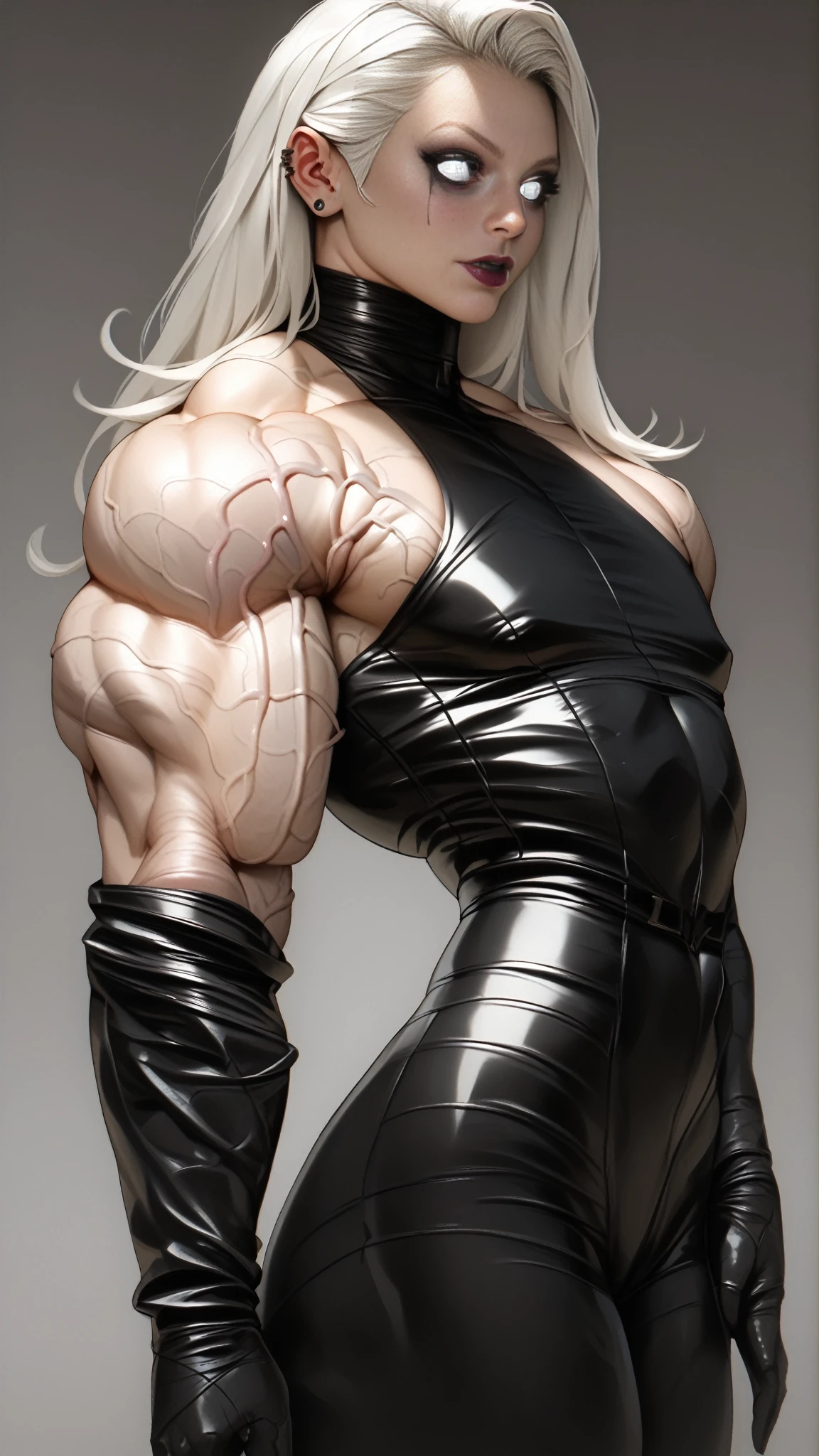 score_9, score_8_up, score_7_up, photo, photorealistic, Gorgeous sexy muscular (skinny) Lady Death, (white eyes, white sclera:1.25), latex body harness, thigh high boots, goth makeup, (masculine muscular physique:1.5), long white hair, (veiny muscles:1.5), flat chest, (Wide chest & shoulders:1.5), (skinny legs:0.6), sinozick style, skindentation, 