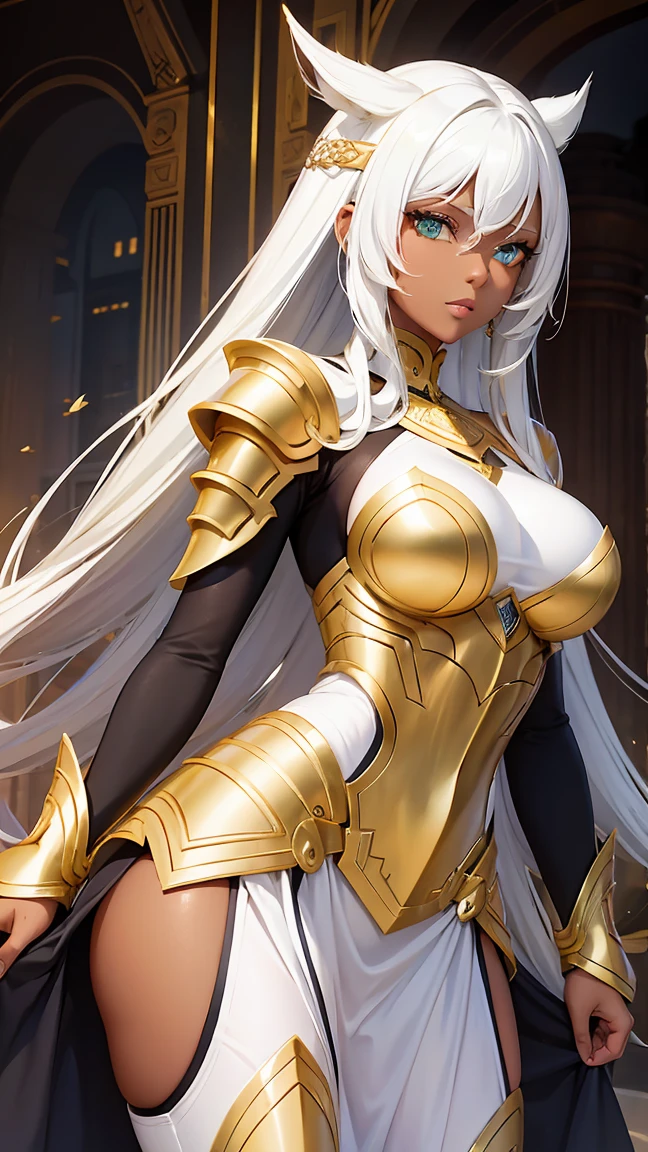  Beautiful woman with dark skin and white hair,green eyes wearing gold armor ,