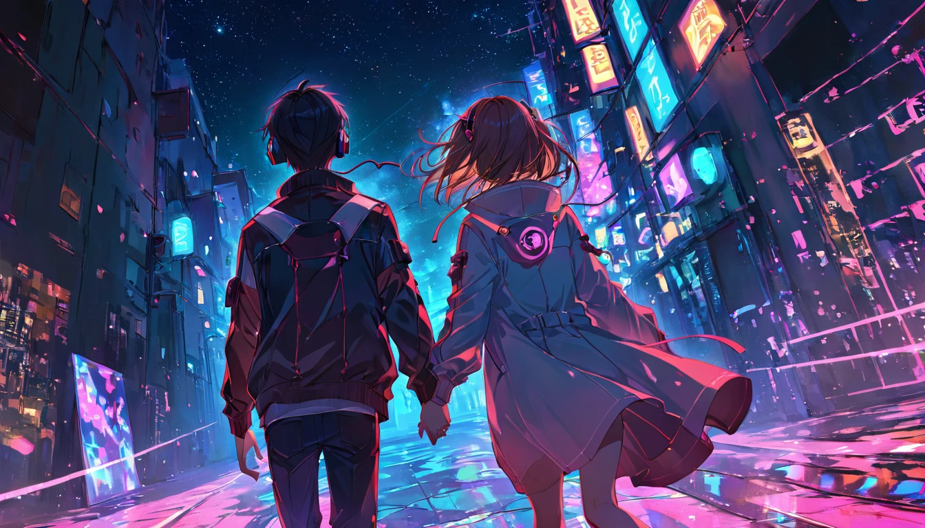  The main anime couple wearing headphones walk hand in hand on a neon street in the middle of the night，ROMANTIC SCENE ，Standing with their backs to the camera ，close up， Every element is away from the camera ，To provide more space 。