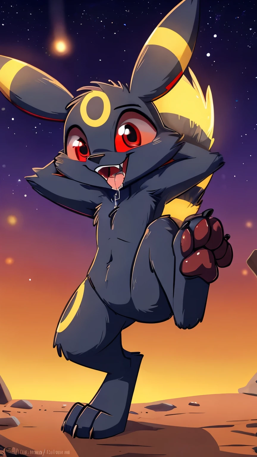 by:fuf，umbreon， ,cute，，small body ，(red eyes ,Frontal: 1.5)，solo,smile,standing on the ground，,saliva, open mouth,raised leg,orgasm face ,looking pleasured，smile，(red eyes: 1.5)，solo，openmouth，，toe claws,teeth,tail，facial tuft，claws, , ((feet paws)),(4 toes), , (foot focus),