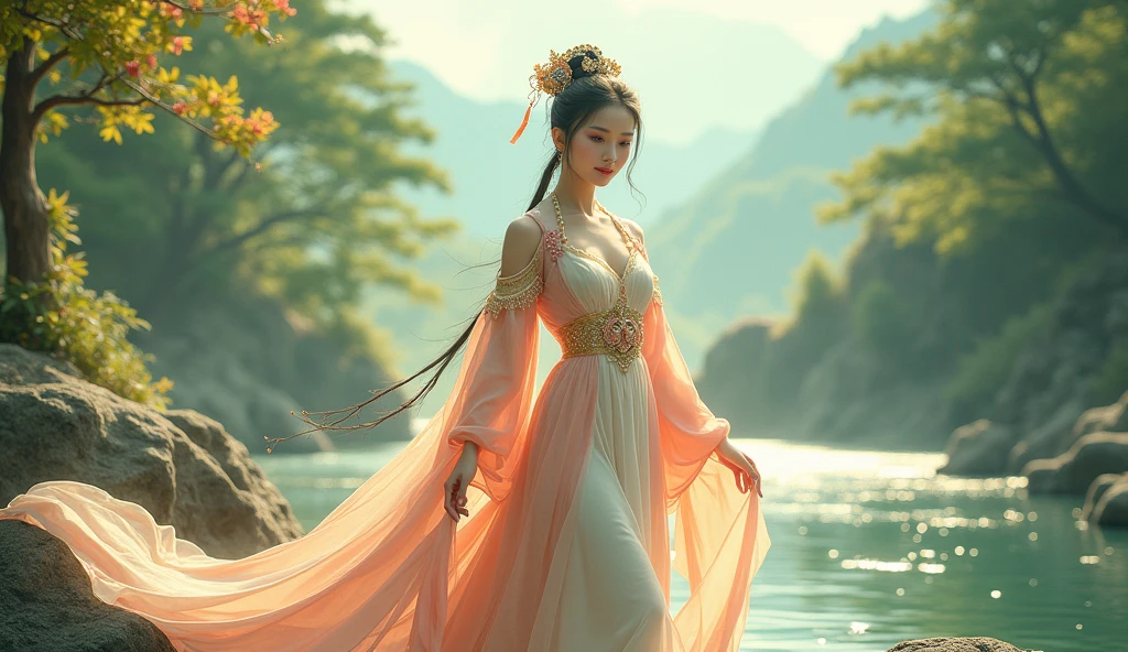 (best quality,4k,8k,highres,masterpiece:1.2),ultra-detailed,(realistic,photorealistic,photo-realistic:1.37), HDR,UHD,studio lighting,bamboo forest,traditional Chinese architecture,clean water,crystal clear reflection,floating lotus flowers,serene atmosphere,misty mountains,cherry blossoms in bloom,soft sunlight,subtle shadows,ethereal ambiance,flowing silk dress,radiant smile,almond-shaped eyes,pale skin,delicate features,graceful posture,wind blowing through her hair,peaceful expression,enchanting scenery.