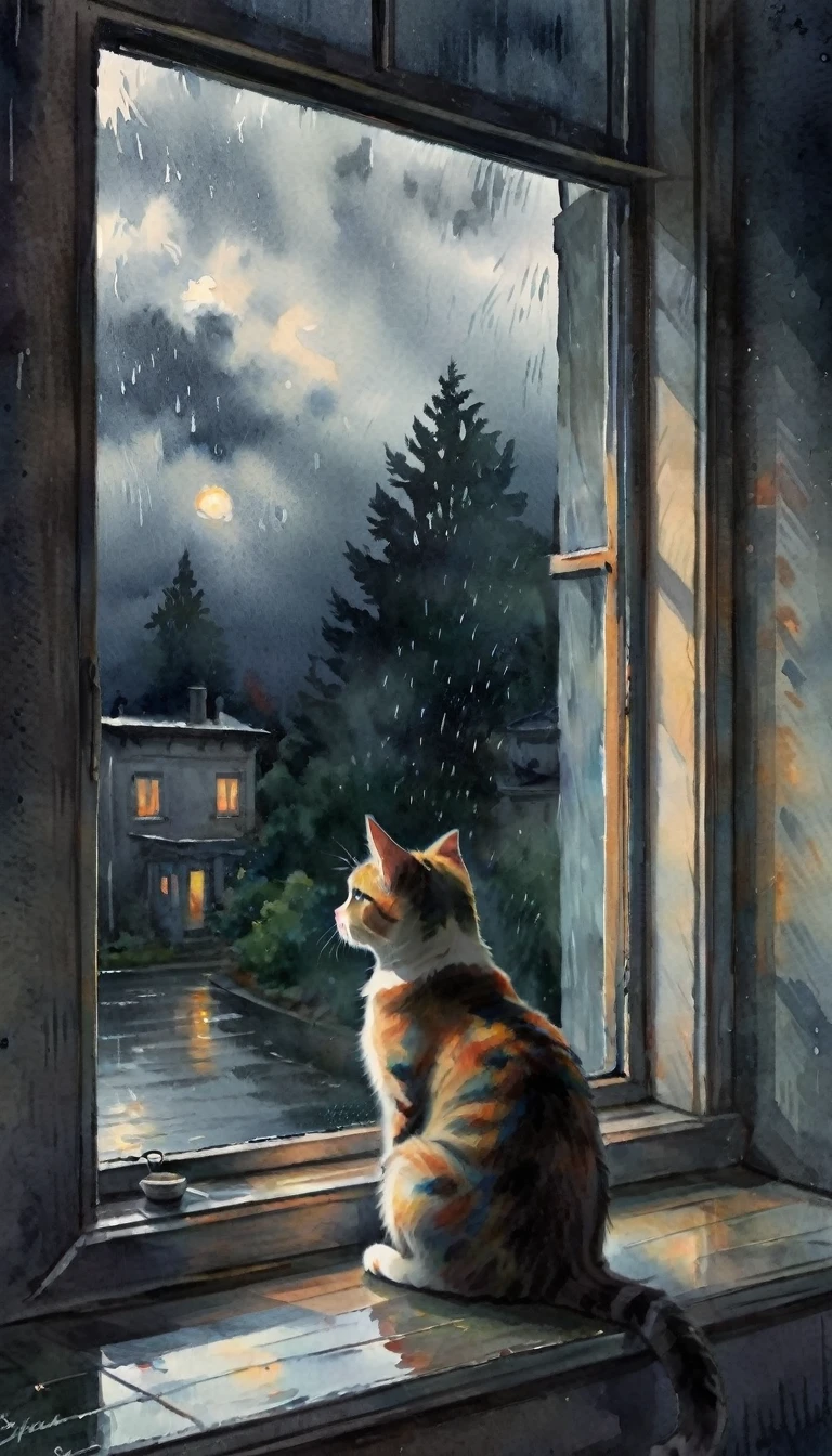 a cat sitting on a window sill looks out the window at the gloomy and rainy outside, sad atmosphere, gloomy day, dark colors, watercolors,wcxl