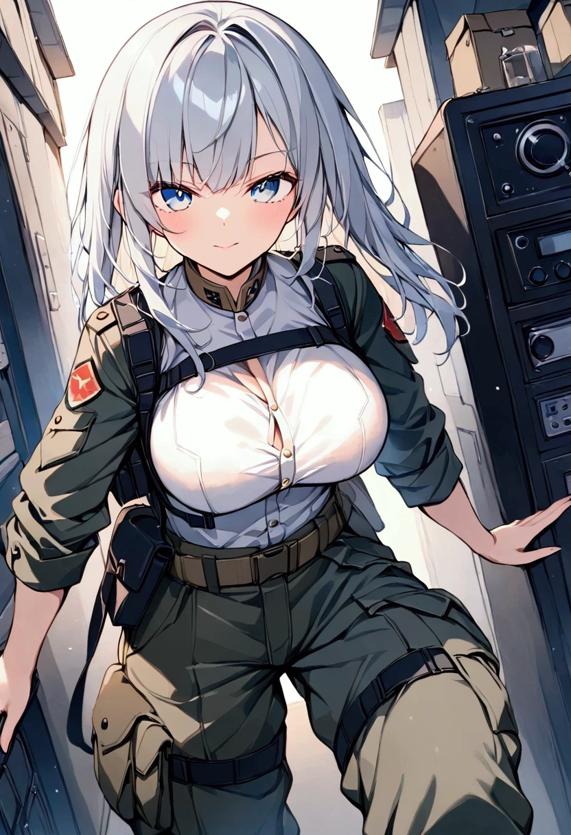 Masterpiece, 8k, AKIRA,  image illustration , a strong woman, Alone, Beautiful blue eyes, Silver Hair,   semi-long, Camouflage colored military uniform, High exposure, （Large Breasts）,Cargo pants, Wearing an income , Brave expression, Fearless atmosphere ,  looks at the viewer,  operating a radio ,  Accentuate your bust,  Communication room ,  detailed background, dynamic angle, extreme posing, { Angle seen from an angle }. Close to the audience, Portrait, mihoyo style illustration, (watercolor|1.3)