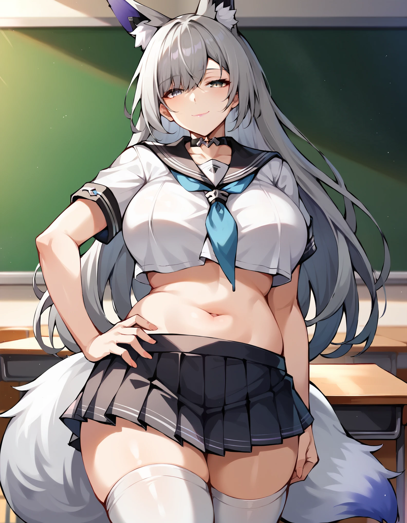 masterpiece, score_9, score_8_up, score_7_up, 1girl, milf, solo, monster girl, (kitsune:1.3), (plump), silver wolf \(honkai: star rail\), (large breasts:1.9), (((grey hair), long hair, bangs, long sidelocks, grey eyes, half-closed eyes, fox ears, fox tail)), purple lips, ((choker, seifuku, black sailor collar, crop top, navel, mini skirt, thighhighs)), ((light smile), closed mouth), ((hand on own hip, classroom))