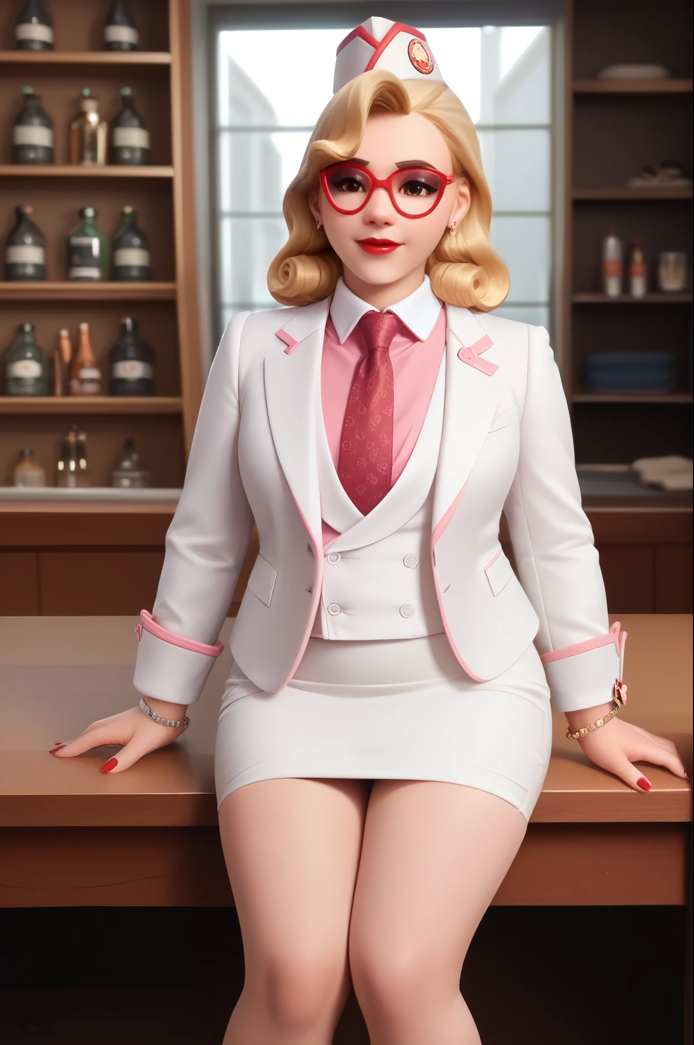 score_9, score_8_up, score_7_up, 1girl, sprinkles mei, mei (overwatch),  three-piece suit, 1girl, solo, blonde hair, glasses, sprinkles mei, smile, pretty, formal, jewelry, (((white skirt suit))), (((red silk necktie))), earrings, (((white jacket))), (((pink shirt with white collar))), sitting on table, (((high heels))), window, watch, jacket, wristwatch, white shirt, red lips, (((white pencil skirt))), (((bodycon pencil skirt))), makeup, black stockings, garter straps, cufflinks, red nails, fully clothed, red lipstick,   in a 50´s restaurant, long sleeves, shiny clothing, tight clothing, (((tight skirt))), silk shirt fabric