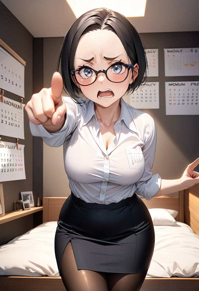 (mature woman), blush, ahegao, Fair Skin, nuisette, Long pencil skirt, wearing glasses, short black hair, beautiful face, 가슴, sensuous, highest quallity,standing pose, (fund: in front of the office desk)