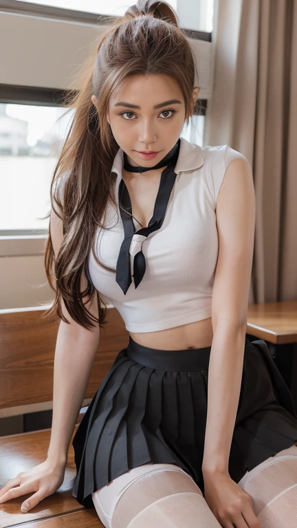 a photo of a young voluptuous woman with long brown hair tied in a ponytail reaching her knees, light brown eyes, light mixed race skin, small round breasts, wearing the private female school uniform consisting of a white blouse and cuffs, a red tie , black sleeveless vest, gray checkered short skirt above the knees, Knee high socks, classic black shoes, posed in a stylish school setting, sitting on a desk, Cinematic, realistic