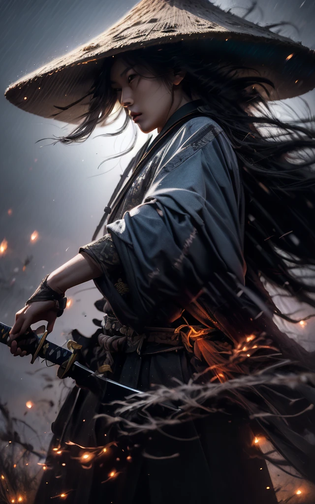 a Chinese warrior with his holding a sword, swirling cyclone, bamboo hat, super wide-angle lens, colorful arrangements, shige's visual aesthetic style, made of flowers, claire-obscure lighting, dark orange and teal, i can't believe how beautiful this is, in the style of zhang jingna, photomontage, hirohiko araki, oriental, sergio toppi, theatrical, feminine sensibilities
(glow, light pollution:1.5)drawing a Long, super long katana,holding one Long, super long katana,
