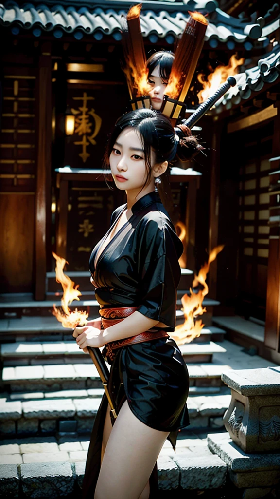 RAW, 4K, (((Realistic, masterpiece, best quality, very detail, high definition, high detail, clear focus))), ((sleeveless)), 18 years old girl wearing sexy ninja outfits with open breast nipples, seduce pose, big body, big breast, fine breast, nipples, japanese style, decorated chery blossom, long wolf cut hair, sweating, stunning face, carnage, long katana sword, in epic war, decorated smoke everywhere, death anywhere, HDR, Ray Tracing, volumetric night light, full body shot, NSFW, open legs and showing vagina, fine skin, low key