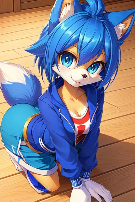 (Masterpiece) (High Detail) (High Res) A short slim humanoid girl with pale human skin and blue eyes and long blue hair and blue dog ears and a fluffy blue dog tail and medium breasts. It is night time and she is laying down on the grass looking up at the starry night sky and the northern lights. She is wearing an oversized t-shirt and pleated skirt. She is happy and shy.