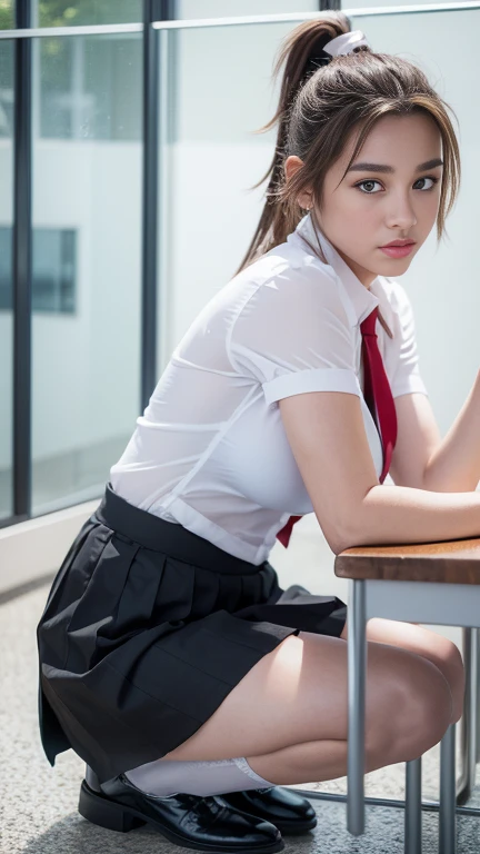 a photo of a young voluptuous woman with long brown hair tied in a ponytail reaching her knees, light brown eyes, light mixed race skin, small round breasts, wearing the private female school uniform consisting of a white blouse and cuffs, a red tie , black sleeveless vest, gray checkered short skirt above the knees, Knee high socks, classic black shoes, posed in a stylish school setting, sitting on a desk, Cinematic, realistic