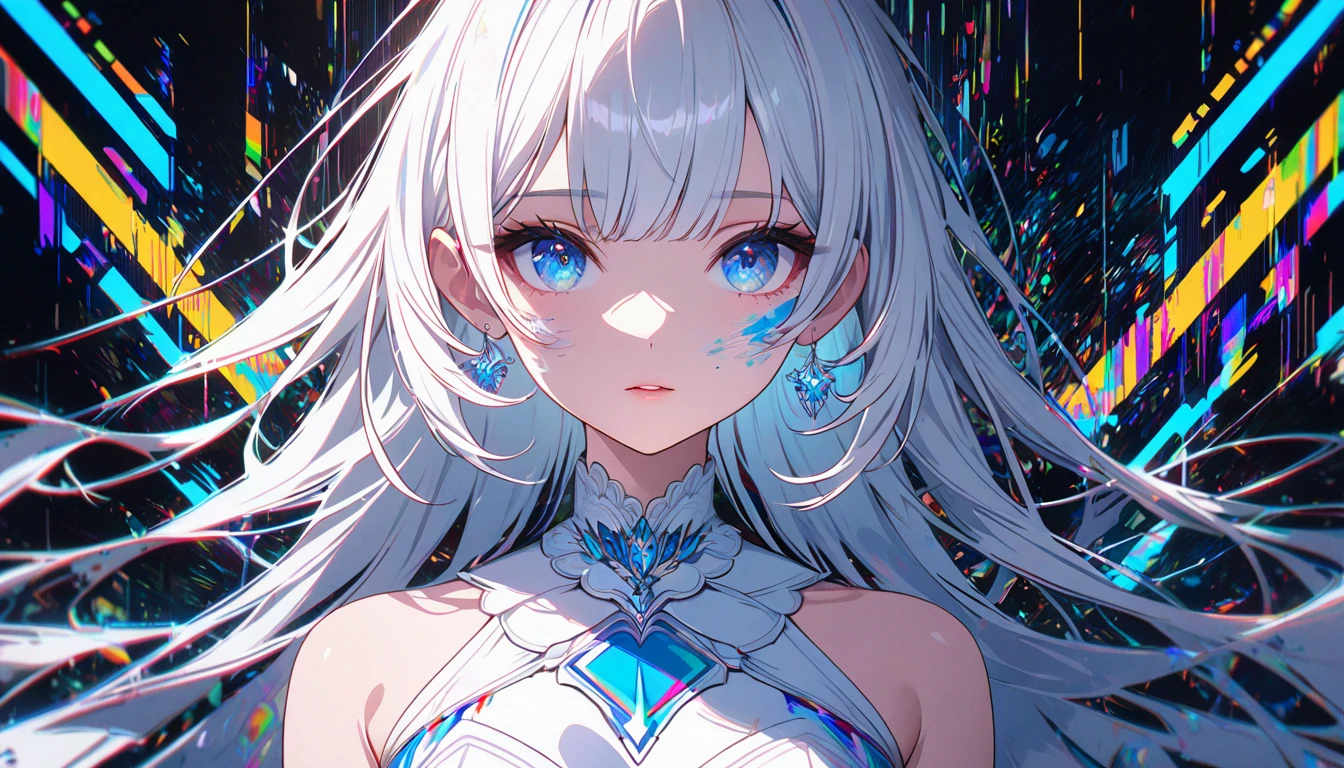 (Glitch Art;1.5),(Noise and Grain),(top-quality),(masterpiece),Delicately painted face,A girl with a beautiful face,  beautiful detailed blue eyes  ,  Whiteta Fashion ,((White Costume)),(Beautiful silky white hair:1.2),Cinema Lighting,Abstract, Beautiful Artistic Illustrations ,Geometric background,Glitch Lettering