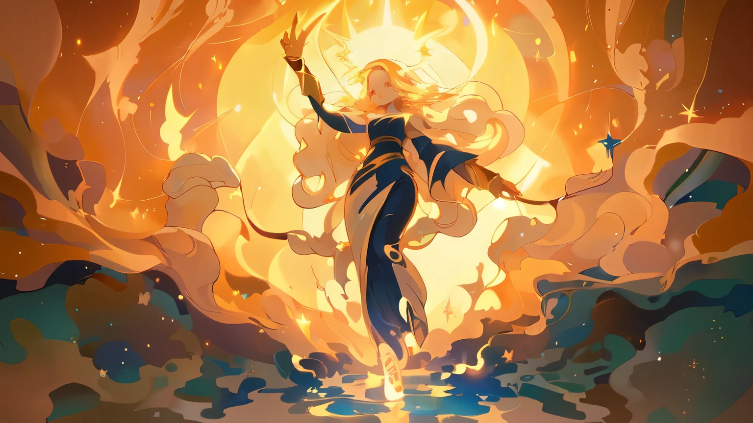 Ethereal lighting, woman with flowing blonde hair surrounded by flames, (bounce light), blue shadows, defined lines, woman facing forward, cartoony artstyle, background of mosaic runes of stars and sun