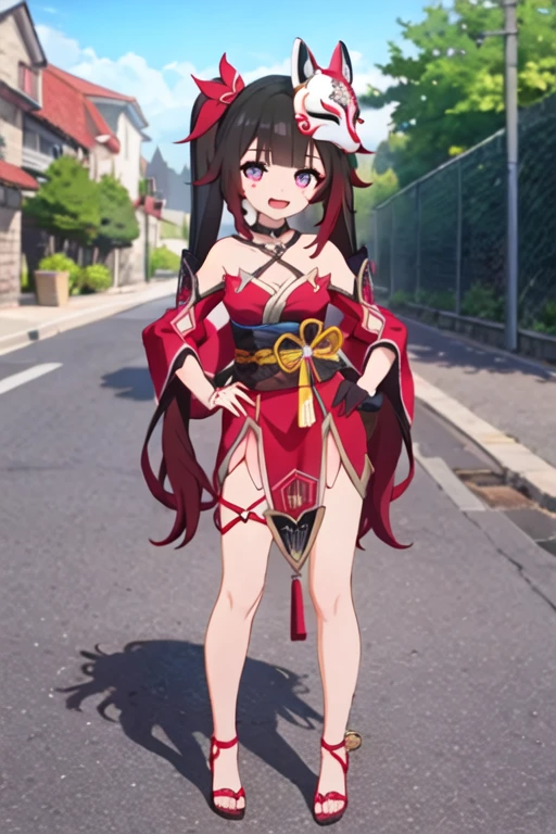 1girl, sparkle \(honkai: star rail\), twintails, hair ornament, solo, off shoulder kimono, mask on head, detached sleeves, choker, obi, single glove, wristband, criss-cross halter, thigh strap, cowboy shot, standing, outdoors, depth of field, smug, open mouth, hands on hip, looking at viewer , full body , full body art ,(latex statue) , (body covered in latex)