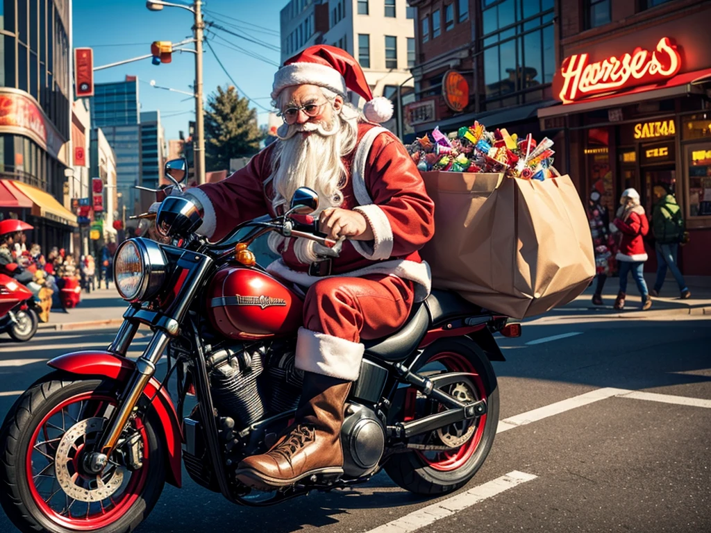 Santa Claus on a Harley rides through the city, tons of candy pops out of the bag he carries, the city is covered in candy.