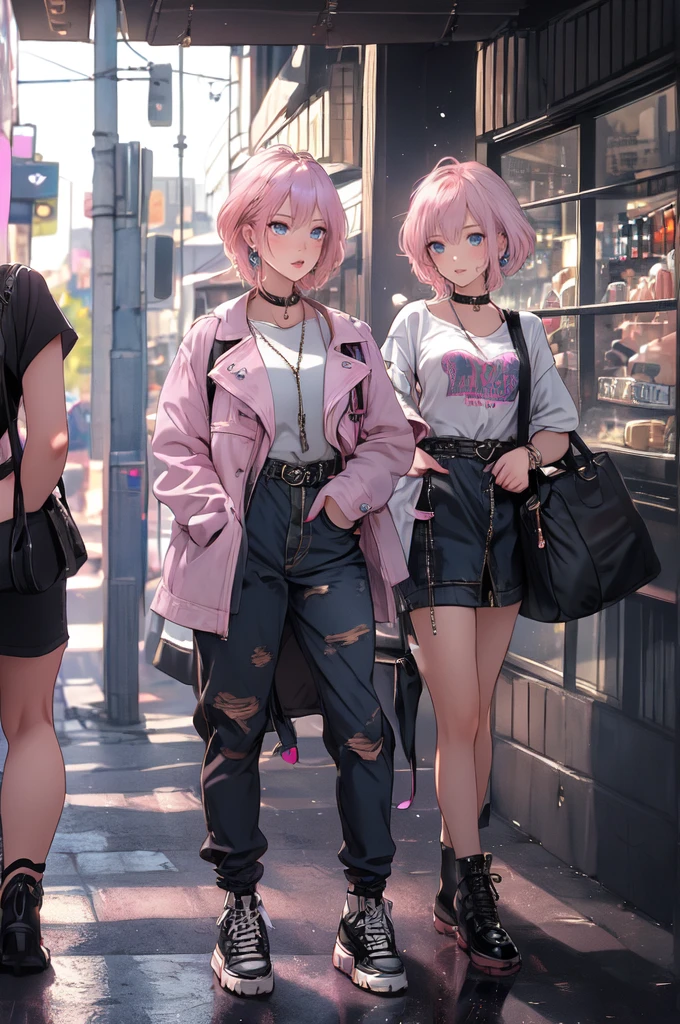 Cute Baby Chibi Anime(((Chibi 3D))) (Best Quality), (masutepiece)、(Alone:1.5)Gray shoulder knit、(Glen plaid shorts over colored tights: 1.5)(Fashion magazine style:1.7) 、Alone、Open your mouth and smile、A detailed face、Laced boots