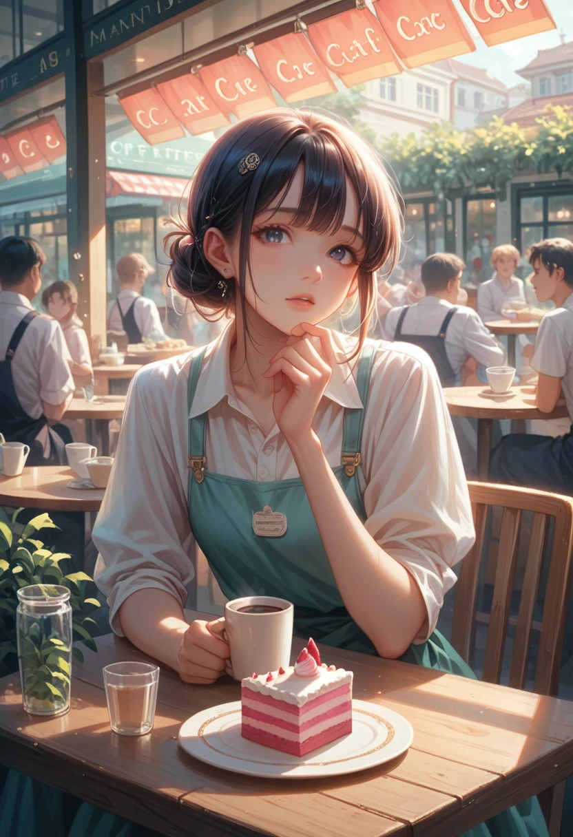 cinematic film still,score_9,score_8_up,score_7_up, anime girl, sitting at a table in a cafe,  Very Detailed Holds a Cracker in His Hand and a Cup of Coffee on the Table, A Small Cake Lies on a Plate , masterpiece,  Maximum Quality , Shine,  intricate details , bright colors, 8 k,