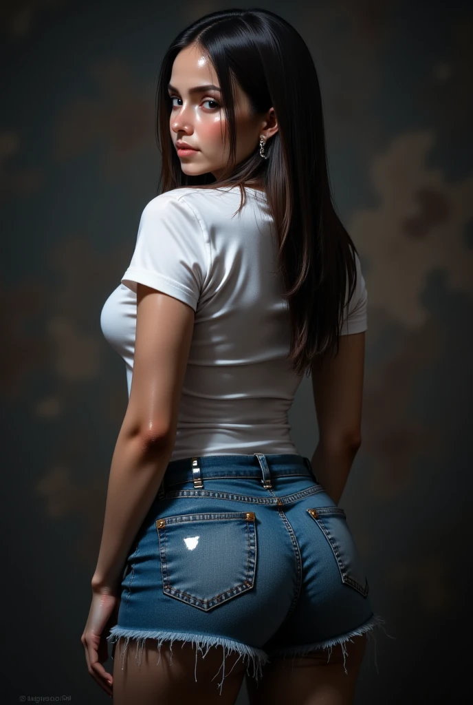 From behind, Woman, Solo , Slim , big boobs, Plain White T-shirt . Jeans Shorts . Dynamic Pose . Dynamic Angle , looking at viewer, darker shadows, hands in pocket