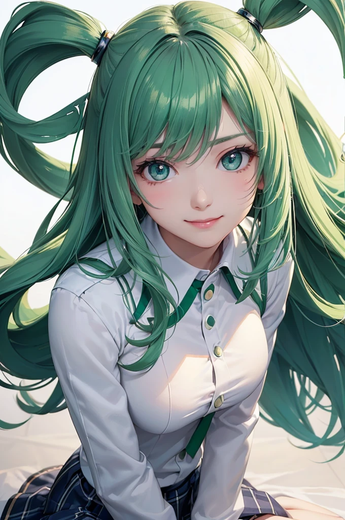 1 girl,Solo,Official Art, Masterpiece, Sharp Focus, (Beautiful gorgeous cute korean woman:1.3), (beautiful cute korean woman:1.3), korean beauty, delicate and beautiful hair and eyes and face, realistic, super detailed, beautiful girl, blue sky, glowing white particles, (side light:1.2), sunshine, white clouds, fine clouds, slender, pretty breasts and big ass, show your teeth and smile, ((laughing with eyes, open both eyes)), scenery, long straight hair, sexy look, building, (cityscape: 1.7), dynamic hair, long straight hair, detailed platinum mint green hair, shining blue eyes, (blue pleated shirt + white skirt), white long socks, white skin, hair ornament, magnificent landscape,