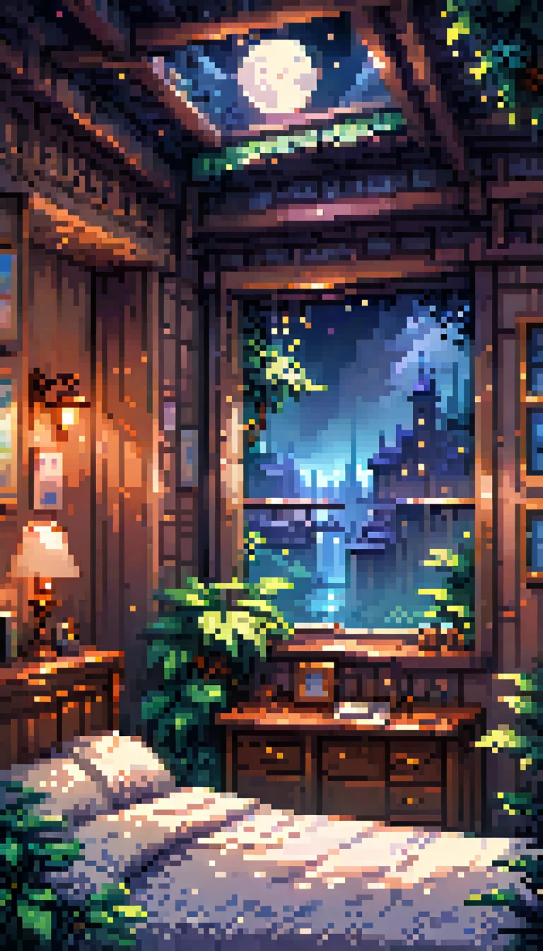 a bed in a room with a window, dark night city view, full moon, lofi, warm lighting, cinematic, moody atmosphere, detailed interior, cozy ambiance, dreamy, atmospheric, soft textures, muted colors, natural lighting, mystical, romantic, intricate details, photorealistic, high quality, masterpiece