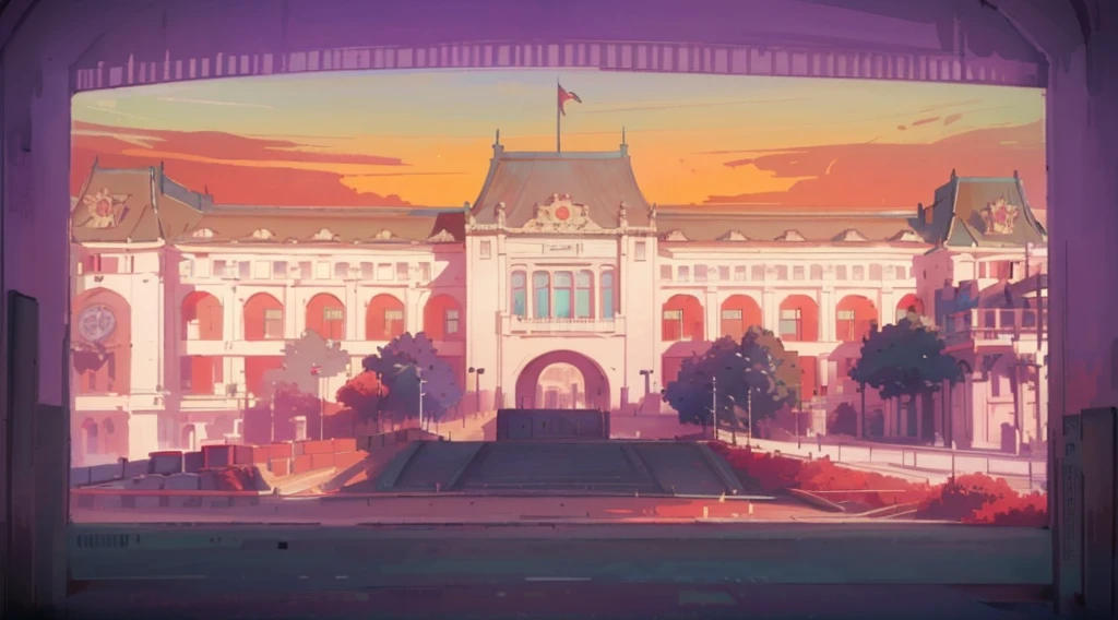  Anime style picture of buildings with clock towers and clock towers, Palace background , High School Background, background art, background art deco palace, Random background scene,  ballroom background ,  Official Concept Art ,  set up lens ,  Museum background ,  Drama background ,  Teal palace ,  artwork of buildings , Anime landscape concept art,  James Girard's style , background artwork