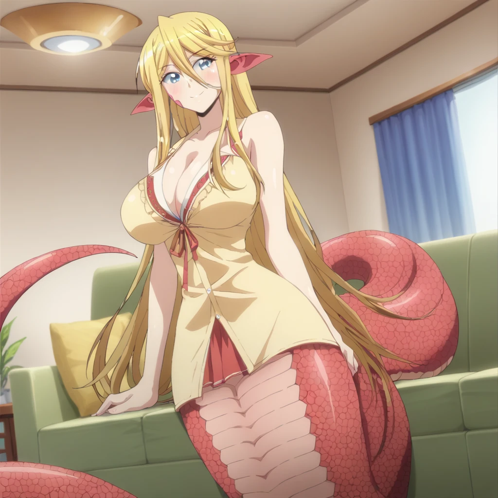 Centorea Sianus, yellow lamia, yellow lamia tail, scales lamia tail below wasistline, long hair, blonde hair, pony tail hair, blue eyes, yellow negligee, smile, looking at viewer, red blush, cleavage, large breasts, sitting on the sofa in the living room, 