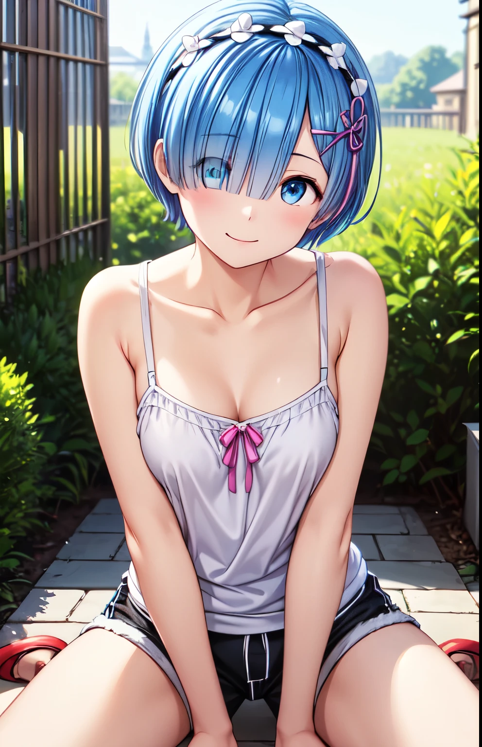  very detailed,  High Resolution ,　( animated illustration style )、 1 girl, Closed Mouth、smile,REM,garden、Sitting, ( camisole、 shorts :1.5)、Beautiful hair in an attractive swimsuit、 shortcuts 、 covering the right eye bright eyes staring at the viewer ,(Delicate eyes,blue eyes),(smile), one eye is hidden, (Cover your right eye), hair over one eye , hair accessory ,Aribon,separation_sleeves, pink_ribbon,whole body, smile、Closed Mouth、 cowboy shot、4K,8k,Extremely detailed CG、 High Resolution 、超 High Resolution ,  perfect lighting, Extremely detailed CG、 (Genuine、Realisticな、Realistic)、Spread your legs, shorts 

