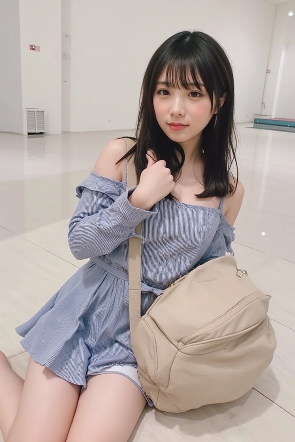 (( angle from below、Best Quality、masterpiece、32K、Every detail))、Descend the outdoor stairs、Commuting、whole body、Sailor suit、 pleated skirt、(((Strong winds roll up my hair and skirt :1.62)))、((  I always wear the bag strap at an angle to my body:1.22))、One Girl, Alone、((( Miniskirt , No underwear:1.22)))、Big Breasts、barefoot,  loafers