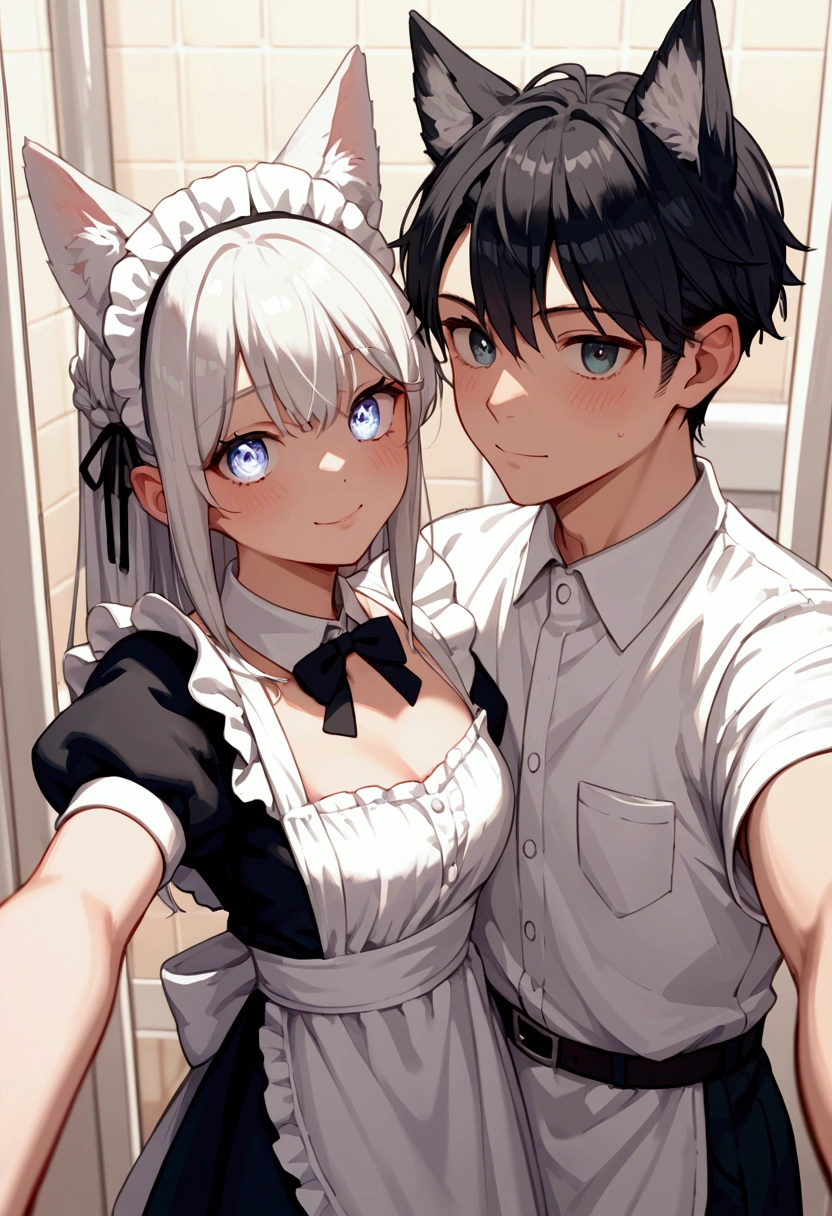 Fenrys black hair wolf ears and Flio white Hair, Together,Nice Detailed Eyes, Bathroom, maid dress groom dress,1boy and 1Girl,Selfie,score_9,score_8_up,score_7_up,source_anime.