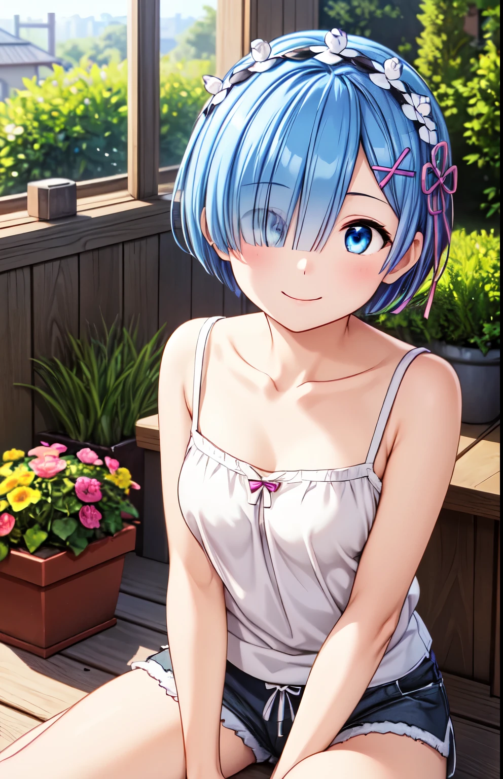  very detailed,  High Resolution ,　( animated illustration style )、 1 girl, Closed Mouth、smile,REM,garden、Sitting, ( camisole、 shorts :1.5)、Beautiful hair in an attractive swimsuit、 shortcuts 、 covering the right eye bright eyes staring at the viewer ,(Delicate eyes,blue eyes),(smile), one eye is hidden, (Cover your right eye), hair over one eye , hair accessory ,Aribon,separation_sleeves, pink_ribbon,whole body, smile、Closed Mouth、 cowboy shot、4K,8k,Extremely detailed CG、 High Resolution 、超 High Resolution ,  perfect lighting, Extremely detailed CG、 (Genuine、Realisticな、Realistic)、Spread your legs, shorts 

