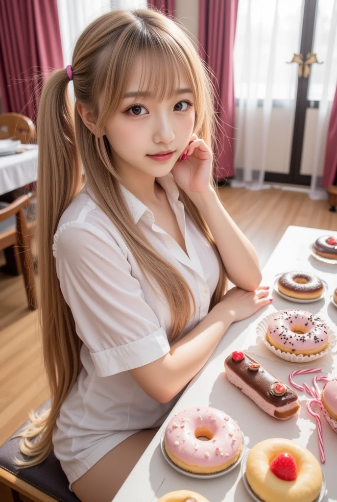 1girl, Alone、gal ,(long twin tails),hair ribbon,Blonde,brown eye、seductive smile、(ゴシックファッション),編み上げブーツCake buffet, luxurious atmosphere, one woman sitting at a table with numerous sumptuous sweets on the table
Donuts, sprinkles, candy, pops, candy canes, cakes, cupcakes, cake pops