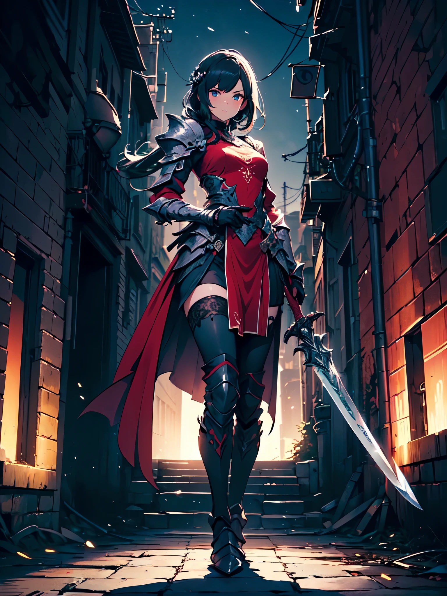 (((masterpiece, best quality, high detailed, 8k))) Design a layout showcase Gaming character, (1girl). Black|Red clothes, stylish and unique. ((showcase weapon:1.4)), shadow daggers. (masterpiece:1.2), (best quality), 4k, ultra-detailed. (Step by step design, layout art:1.5), (luminous lighting, atmospheric lighting). shadow assassin, ((glove full hands)), (((revealing clothes:1.3))), vambraces, armored legwear, (((full_body_shot:1.4))). {In a moonlit alley}.