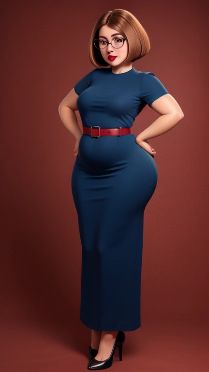 glasses, chubby, curvy, bbw, light hazelnut hair, bob haircut, blue eyes, full lips, dark red lipstick, old dirty storage background, high quality photography full body picture , kneels, arms behind back, ugly men behind her