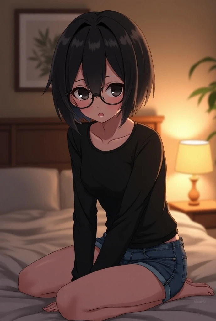 motel, dark room, night time, middle position, high quality, perfect lighting, cute little girl, detailed face, detailed body, black hair, fluffy cut hair, (short) red eyes, beautiful woman, 1 girl, solo, no clothes, (no clothes), ((no clothes)), masturbate, small breasts, I shaped Balance pose, Masochist, nipples, see vagina, sex, peed a lot, sweat, wet, sperm on the body, Round Glasses Black, posing in bed, rin, ((rin)) 