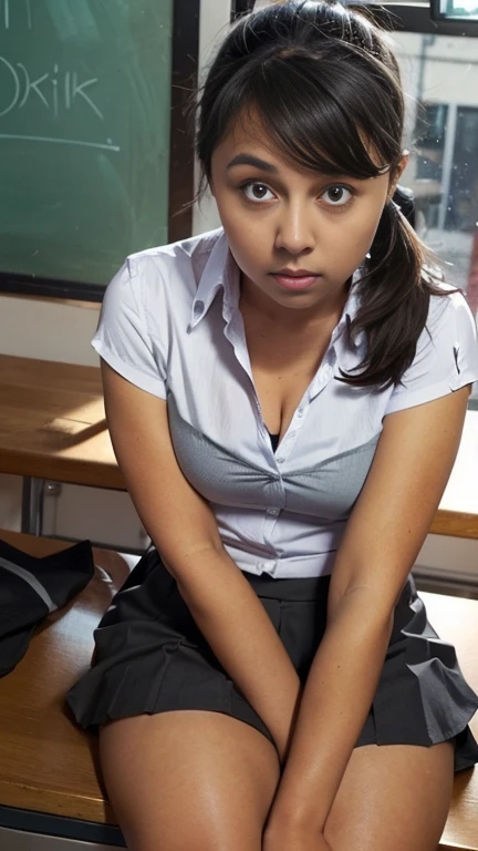 a photo of a young voluptuous woman with long brown hair tied in a ponytail reaching her knees, light brown eyes, light mixed race skin, small round breasts, wearing the private female school uniform consisting of a white blouse and cuffs, a red tie , black sleeveless vest, gray checkered short skirt above the knees, Knee high socks, classic black shoes, posed in a stylish school setting, sitting on a desk, Cinematic, realistic