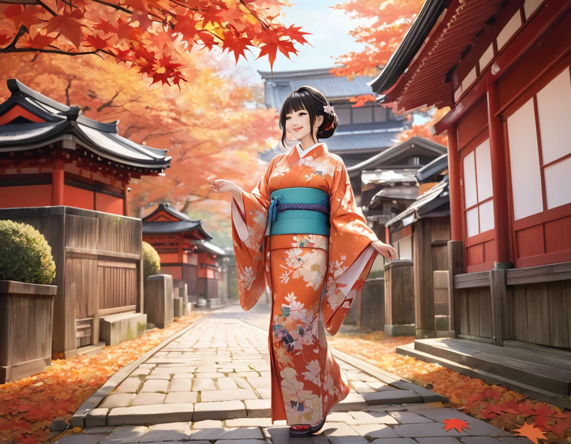Female idol covered in goldfish(Kimono with frills)、Looks fun、full body Esbian、Orange and red、fair
