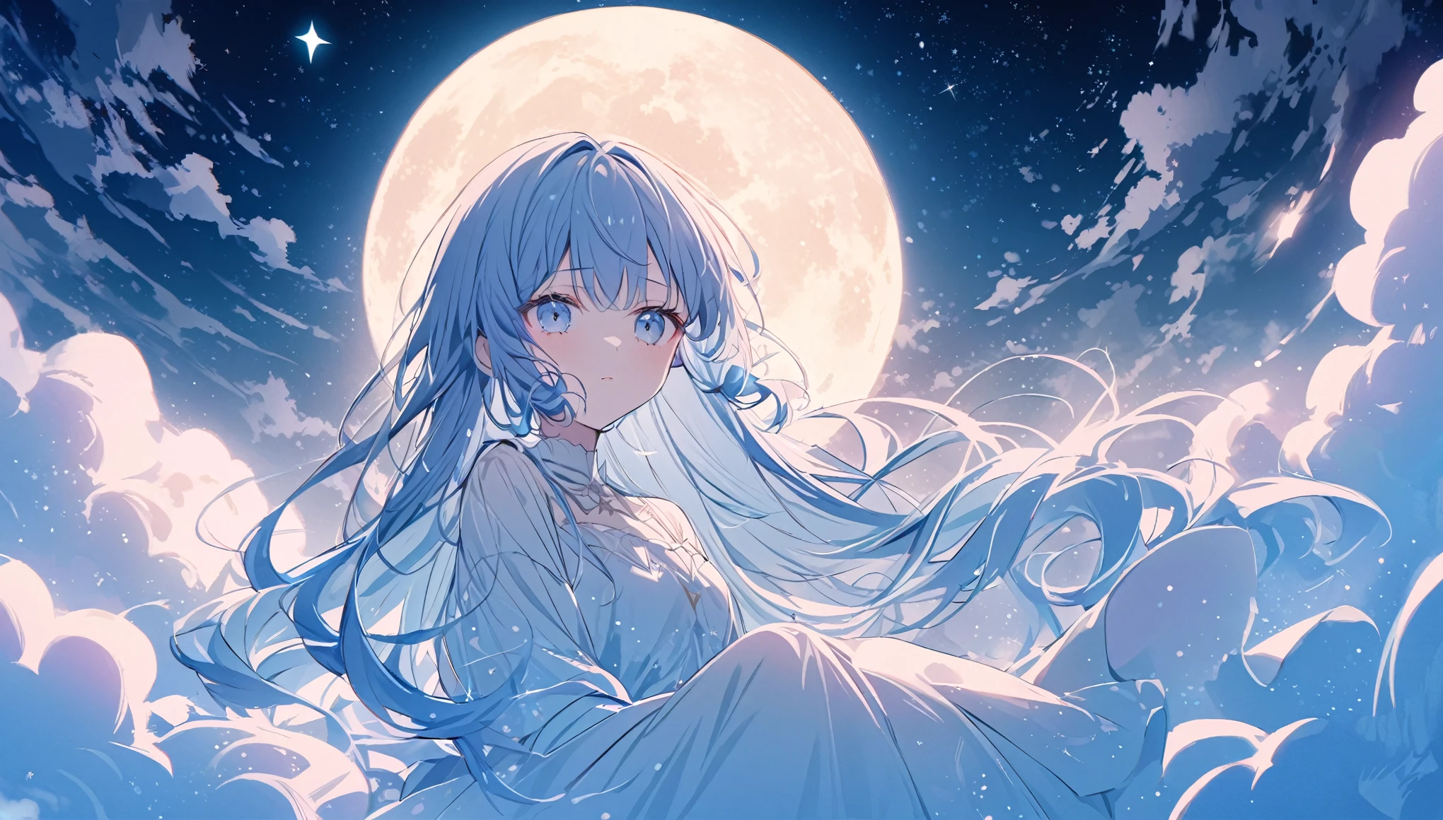 full moon,A beautiful star , beautiful night sky,Above the Clouds, the girl floating in the night sky , the girl is in the center of the screen ,Red cheeks,Expressionless girl, I'm talking a little bit,Long Hair,Navy Blue Hair,High Quality Backgrounds,whole bodyが写っている,whole body,Pastel colors,A light touch,Light color,Illust