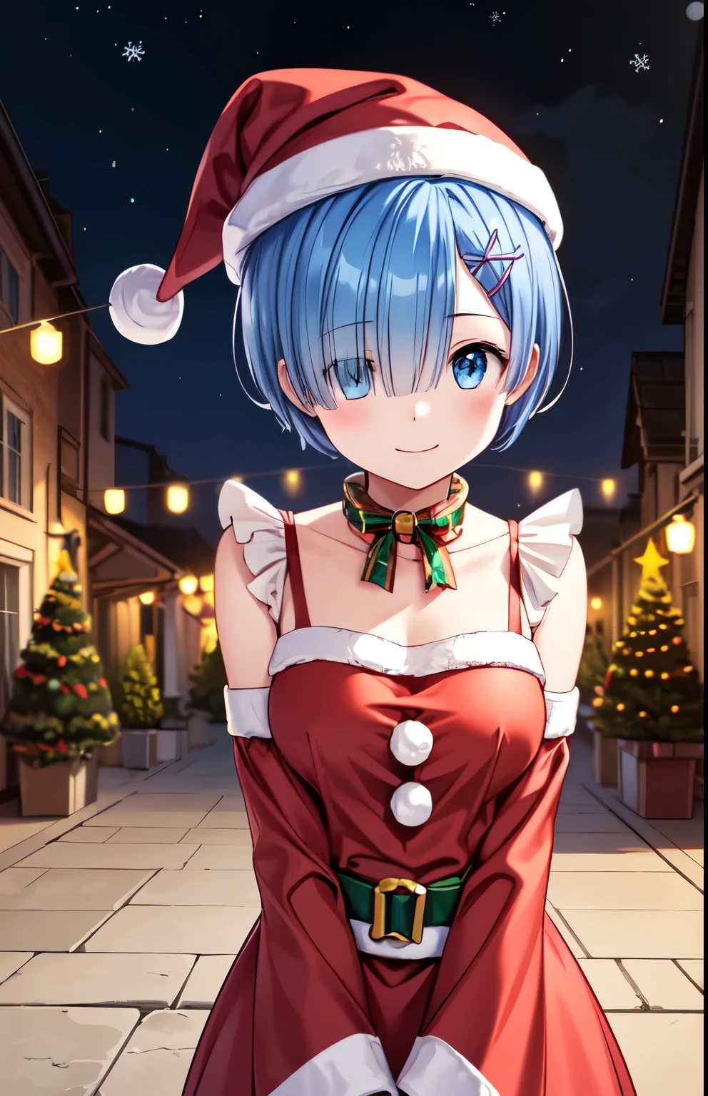  very detailed, 4K,8k,Extremely detailed CG、 High Resolution 、超 High Resolution ,　( animated illustration style :1.5)、 1 girl, Closed Mouth、smile,REM,garden、Standing, ( Santa hat、Santa costume:1.5)、Charming light blue beautiful hair、 shortcuts 、 covering the right eye bright eyes staring at the viewer ,(Delicate eyes,blue eyes),(smile), one eye is hidden, (Cover your right eye), hair over one eye , hair accessory ,Aribon,separation_sleeves, pink_ribbon,whole body, smile、Closed Mouth、 cowboy shot、  perfect lighting, Extremely detailed CG、 (Genuine、Realisticな、Realistic)

