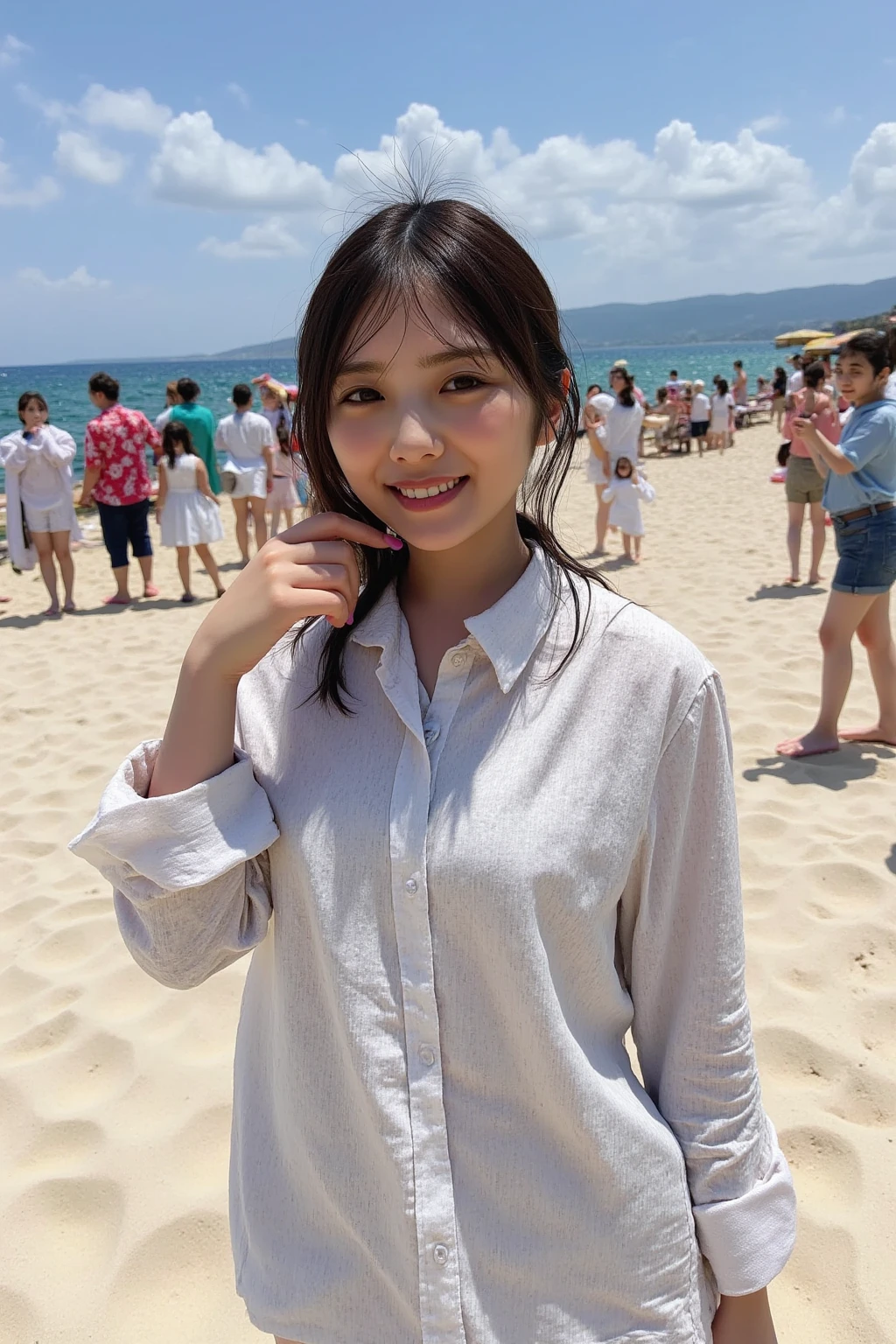 (cowboy shot),Ultra-high resolution,big eyes,(brown eyes),Japanese,(forehead),(a girl),(1 girl),((17 years old)),(cute),pretty,((facing at viewer)),arms behind back,grin,ocean