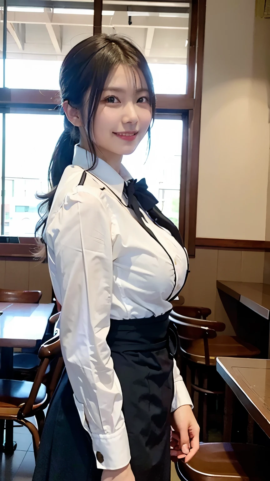 Japanese woman, 30 years old, waitress at a family restaurant, wearing a costume that accentuates her breasts, slim waist, attractive, long black hair, picking up a broken plate