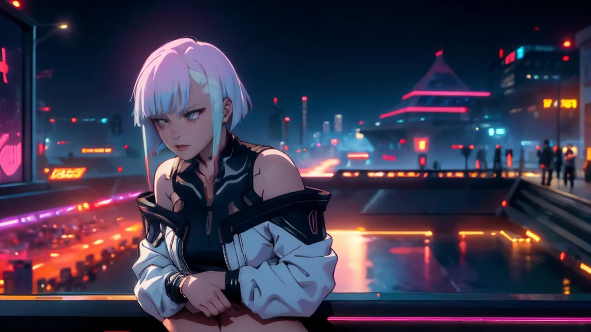 lucy \(cyberpunk\), 1girl, against railing, arm rest, bangs, bare shoulders, belt, black belt, black leotard, black pants, blurry, bob cut, breasts, building, cigarette, cityscape, clothing cutout, cropped jacket, cyberpunk, depth of field, from side, gradient eyes, grey eyes, grey hair, holding, holding cigarette, jacket, leotard, lips, long sleeves, looking afar, looking ahead, mechanical parts, medium breasts, multicolored eyes, multicolored hair, night, night sky, off shoulder, open clothes, open jacket, outdoors, pants, parted lips, railing, red eyeliner, science fiction, short hair with long locks, short shorts, shorts, sidelocks, sky, smoke, smoking, solo, standing, teeth, thigh cutout, upper teeth only, white jacket, white shorts, cyberpunk \(series\), cyberpunk edgerunners