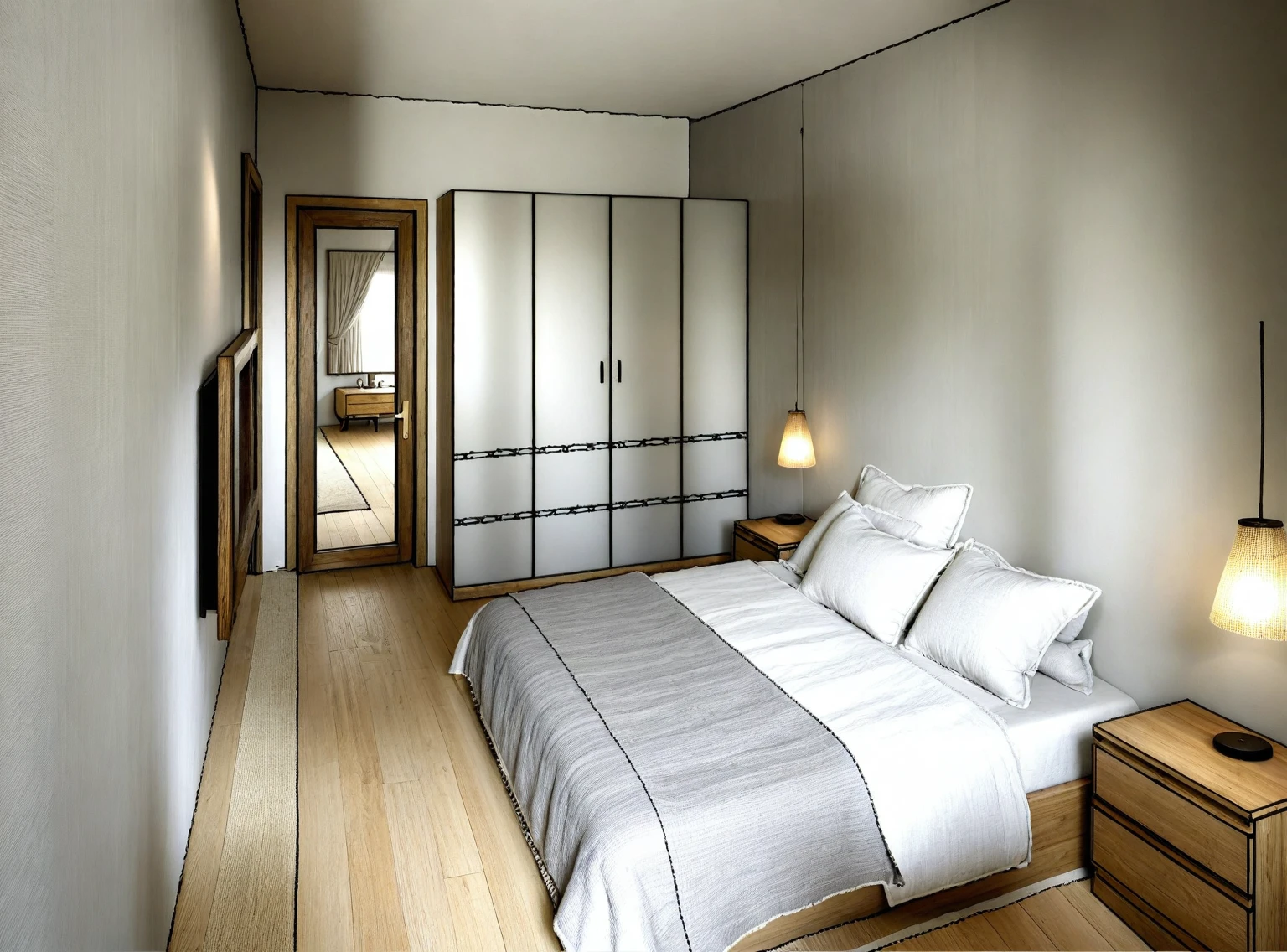 wabi-sabi bedroom interior, design tends to be minimalist, calming and natural atmosphere, ((gray and white color scheme)),  wood, handmade textiles,natural fabrics, tab, lamp, rug, wood floor, drapes,glass window, door,  wall , wardrobe,  wood cabinet, picture frames, antique furniture and decor items, cinematic