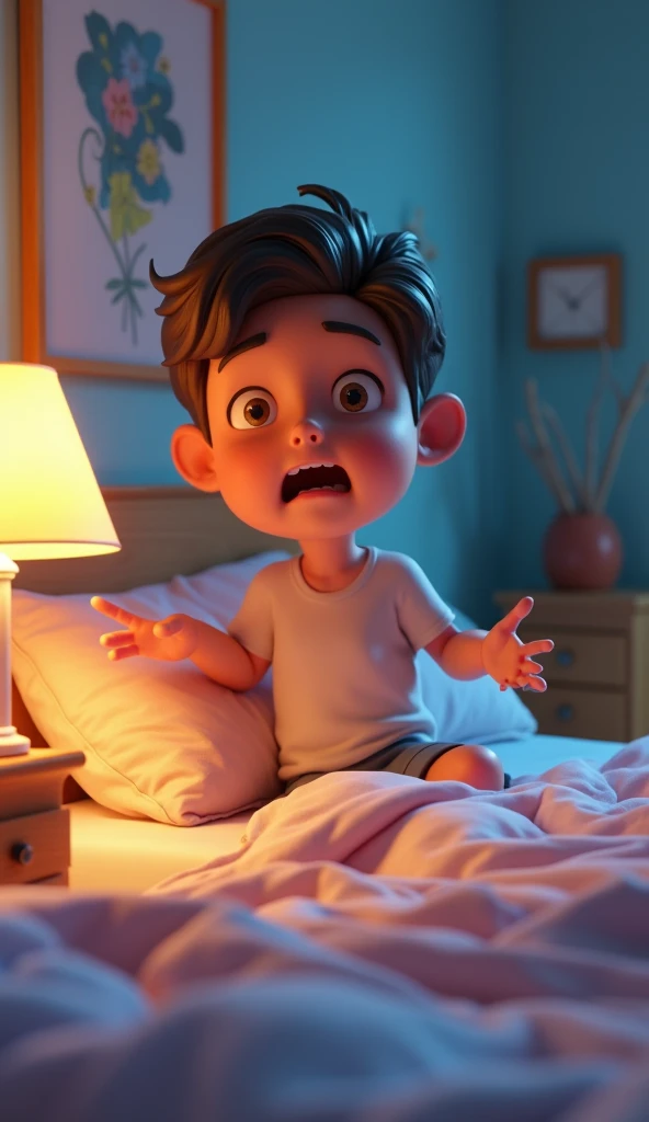 animated style, boy of approximately , just woke up, scared to hear a scream, He is lying in his bed, It's morning