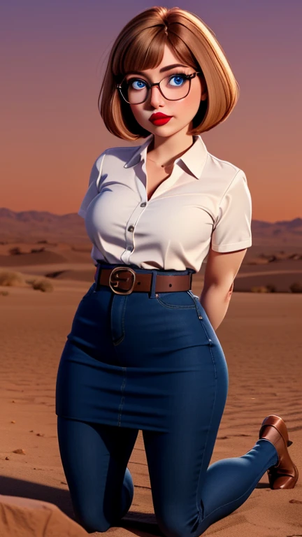 glasses, chubby, curvy, bbw, light hazelnut hair, bob haircut, blue eyes, full lips, dark red lipstick, blouse with short sleeves,  kneelong skirt with belt, background is in desert, high quality photography full body picture , ((((kneels)))), ((((arms behind back)))), men behind her