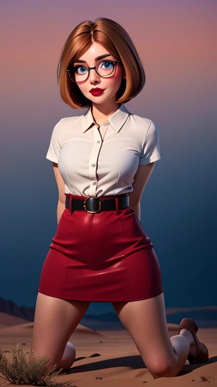 glasses, chubby, curvy, bbw, light hazelnut hair, bob haircut, blue eyes, full lips, dark red lipstick, blouse with short sleeves,  kneelong skirt with belt, background is in desert, high quality photography full body picture , ((((kneels)))), ((((arms behind back)))), men behind her