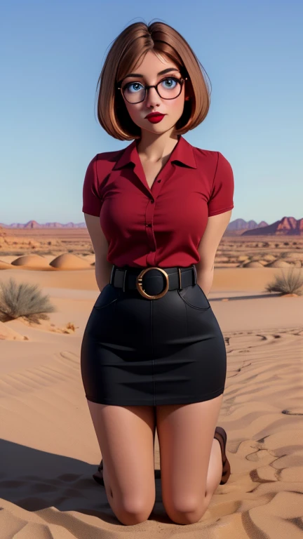 glasses, chubby, curvy, bbw, light hazelnut hair, bob haircut, blue eyes, full lips, dark red lipstick, blouse with short sleeves,  kneelong skirt with belt, background is in desert, high quality photography full body picture , ((((kneels)))), ((((arms behind back)))), men behind her