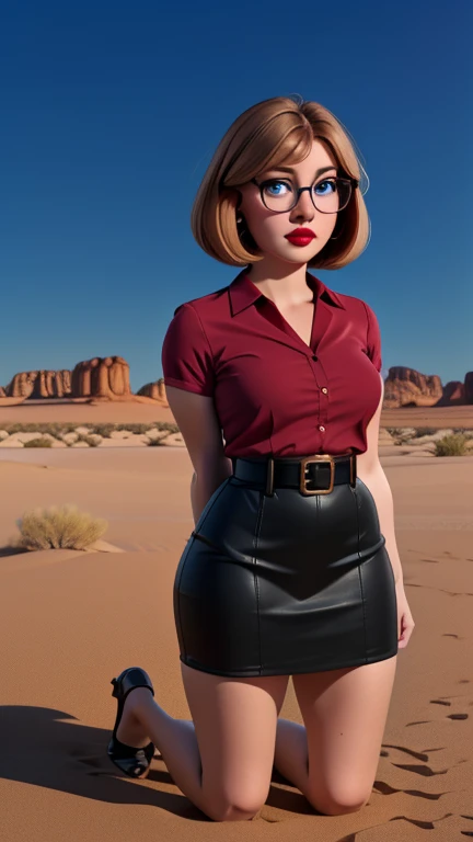 glasses, chubby, curvy, bbw, light hazelnut hair, bob haircut, blue eyes, full lips, dark red lipstick, blouse with short sleeves,  kneelong skirt with belt, background is in desert, high quality photography full body picture , ((((kneels)))), ((((arms behind back)))), men behind her