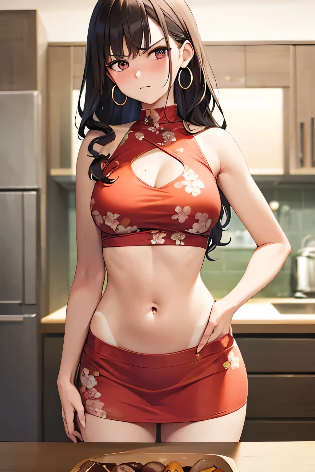super fine illustration, vibrant colors, masterpiece, sharp focus, best quality, depth of field, cinematic lighting, ultra detailed, halterneck, crop top, dudou, high neck, floral pattern, pinkish orange shirt, sleeveless, dark brown business skirt, navel, tummy, 1 woman, solo, slender, full face blush, annoyed, mature female, tall woman, looking down, dark hair, annoyed, long hair, curly hair, indoors, modern kitchen, bellybutton, frilled shirt, buffet, hand on own hip, bare shoulders, food on table, hoop earrings, tanned skin, medium chest, roast chicken