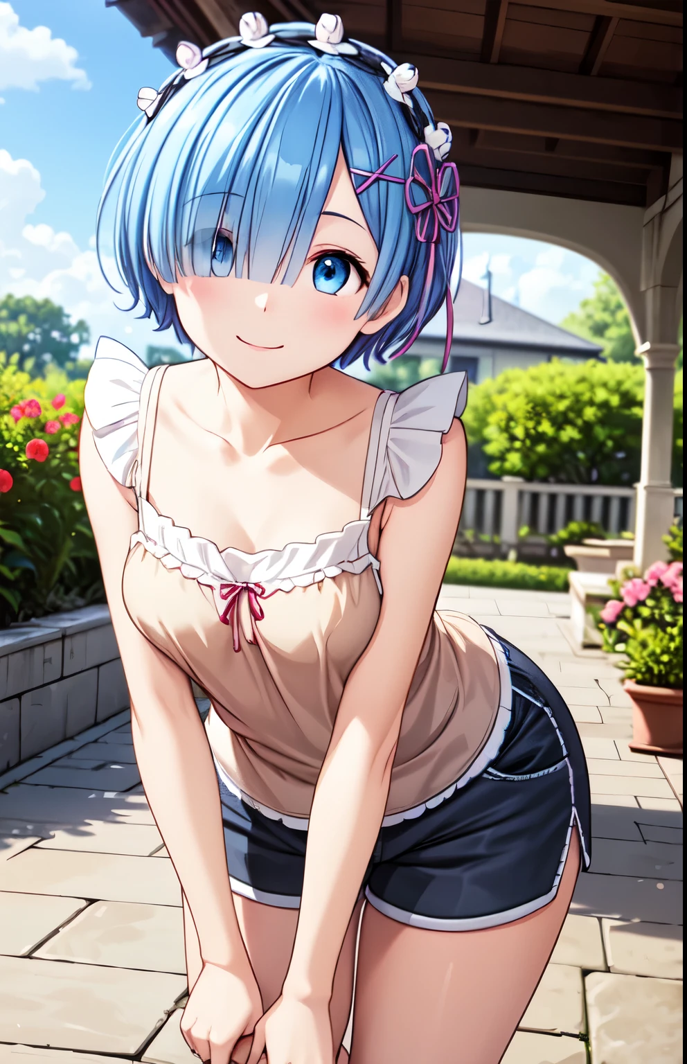  very detailed, 4K,8k,Extremely detailed CG、 High Resolution 、超 High Resolution ,　( animated illustration style )、 1 girl, Closed Mouth、smile,REM,garden、Standing, ( camisole、 shorts :1.5)、Charming light blue beautiful hair、 shortcuts 、 covering the right eye bright eyes staring at the viewer ,(Delicate eyes,blue eyes),(smile), one eye is hidden, (Cover your right eye), hair over one eye , hair accessory ,Aribon,separation_sleeves, pink_ribbon,whole body, smile、Closed Mouth、 cowboy shot、,  perfect lighting, Extremely detailed CG、 (Genuine、Realisticな、Realistic:1.2),Leaning forward:1.2

