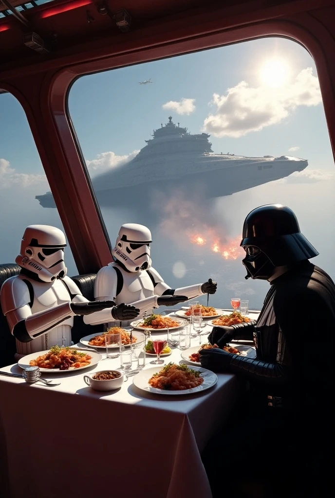  stormtroopers and Darth Vader are enjoying a luxurious meal。In the spaceship、Scenery of the battle is reflected in the large window 。 A fierce battle between the revolutionary army and the imperial army is unfolding 。